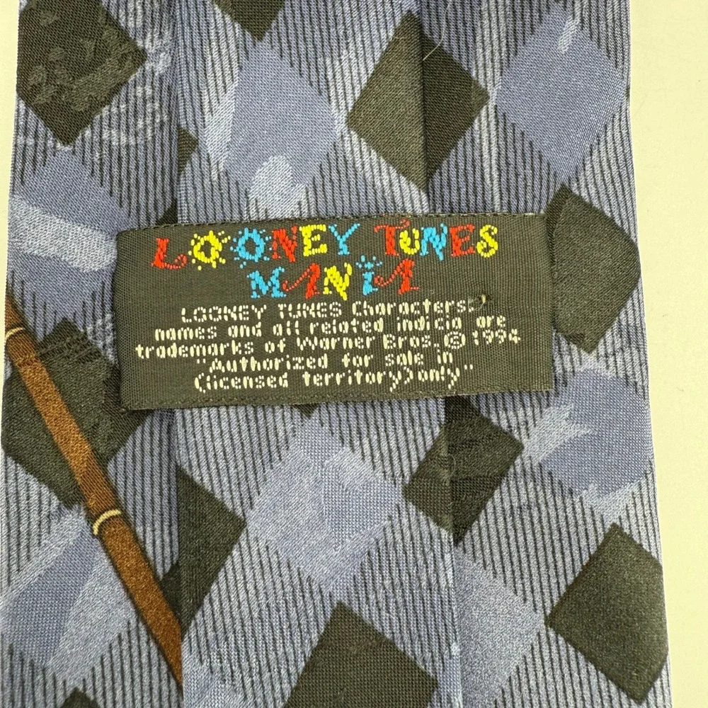 Looney Tunes Tazmanian Devil Fishing Tie 1996‎ Polyester Blue Plaid Work
